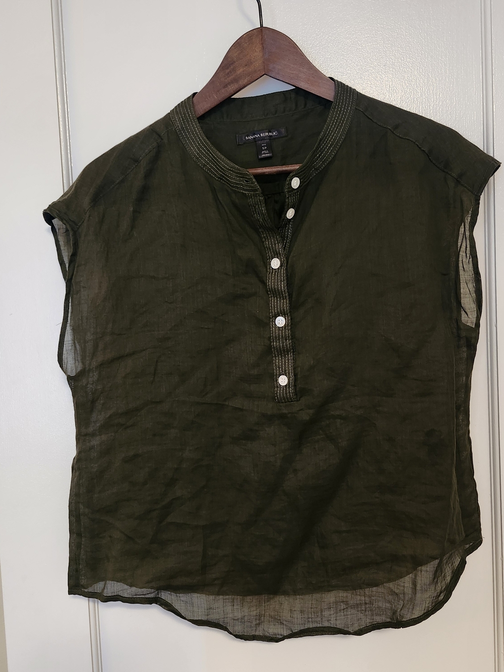 Banana Republic Dark Olive Cap-Sleeve Henley Blouse